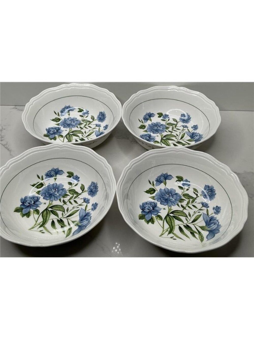 4 Envogue Elderose Small Soup Bowls Blue Floral Scalloped Rim Porcelain 6.5” New